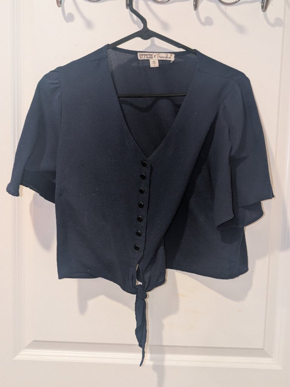 Women Juniors Dark Blue Navy Cropped Tie Top Blouse Flutter Sleeves